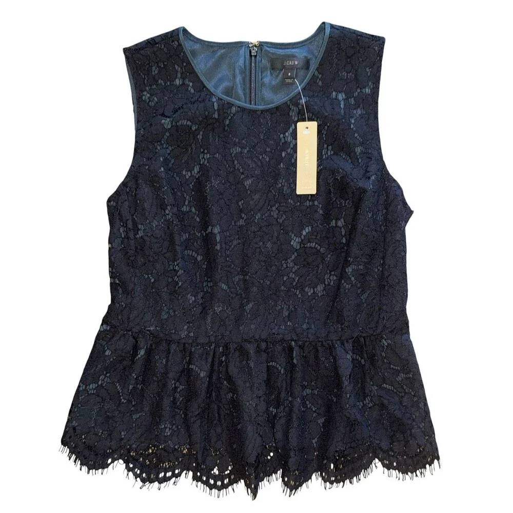 NWT J. Crew Black Lace Sleeveless Peplum Top Chic Blouse Women’s Size 8 NEW $88